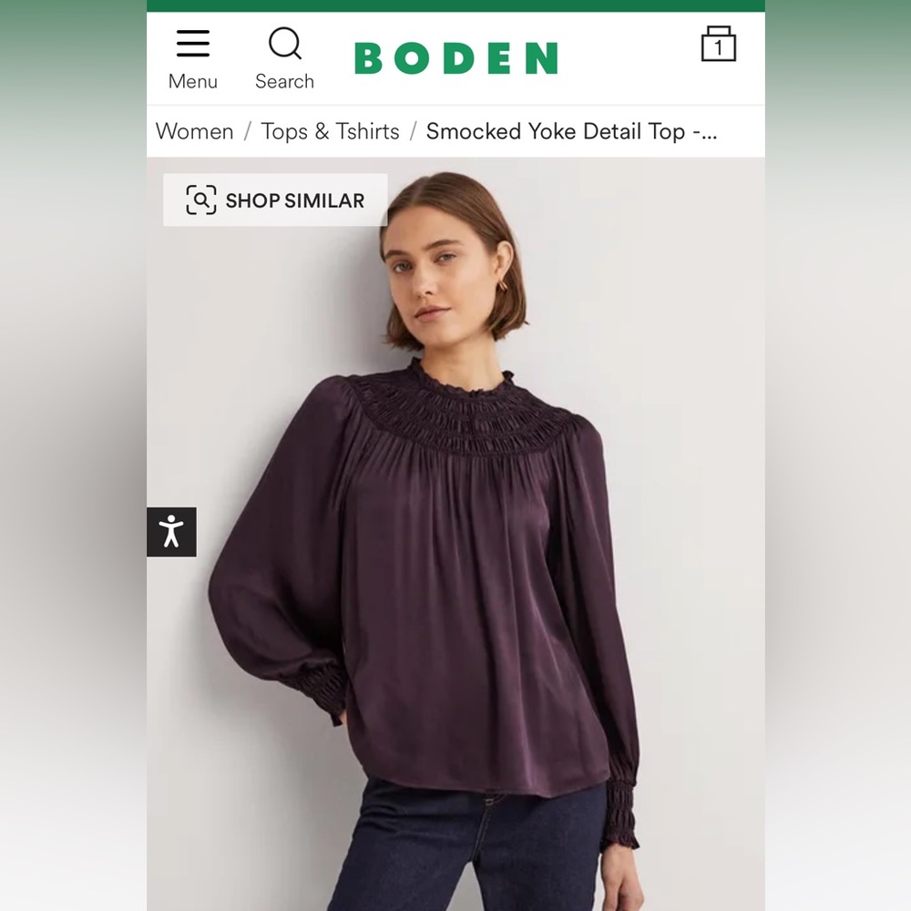 Boden Smocked Yoke Detail top, size 12, color Fig Purple, NWT